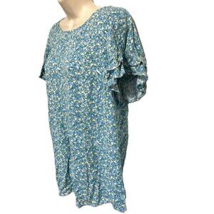 LANE BRYANT Ruffled Flutter Sleeves Round Neck Blue Floral Yoke Top Womens 14